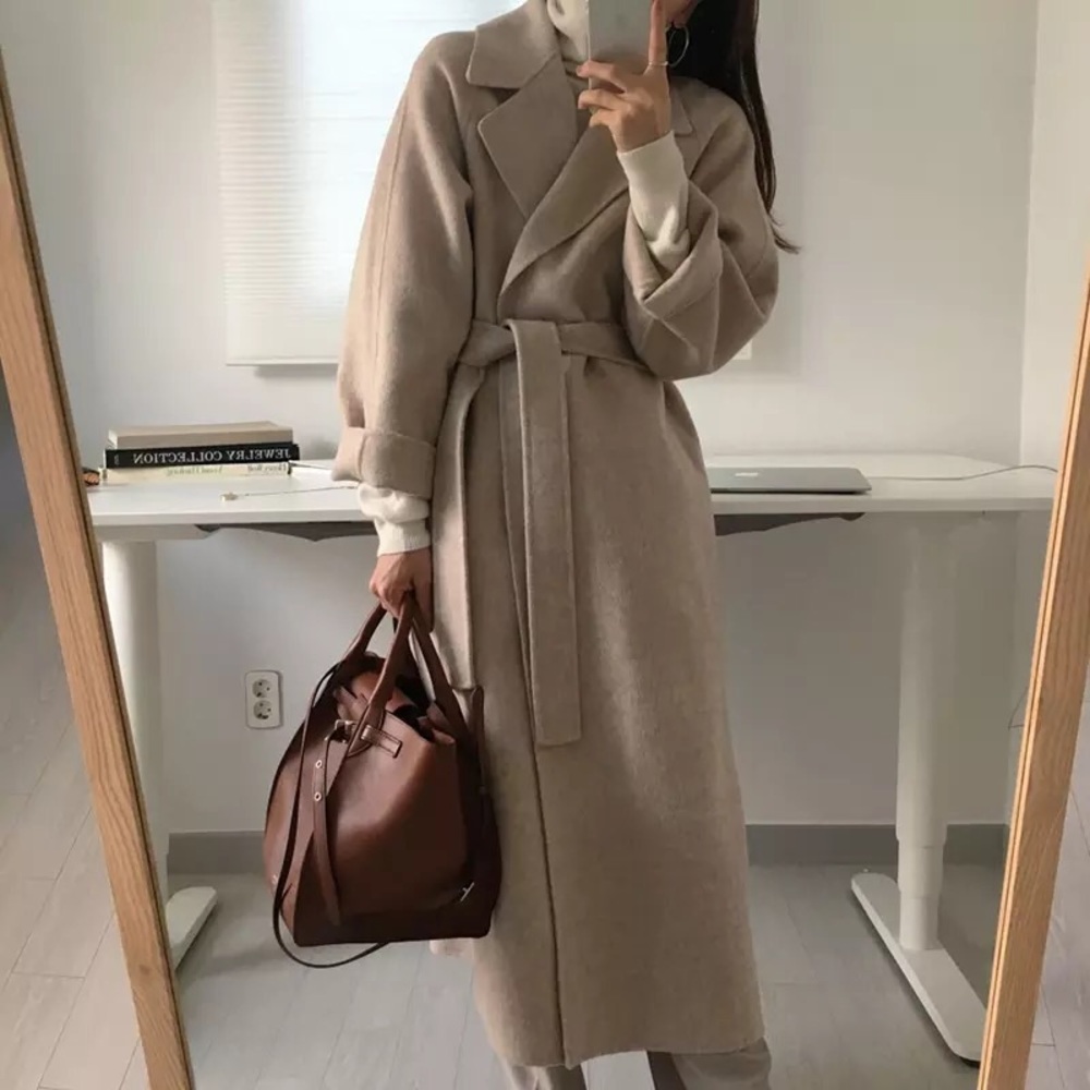 Wool coat long Heather apricot khaki womens winter outerwear - Picture 4 of 8